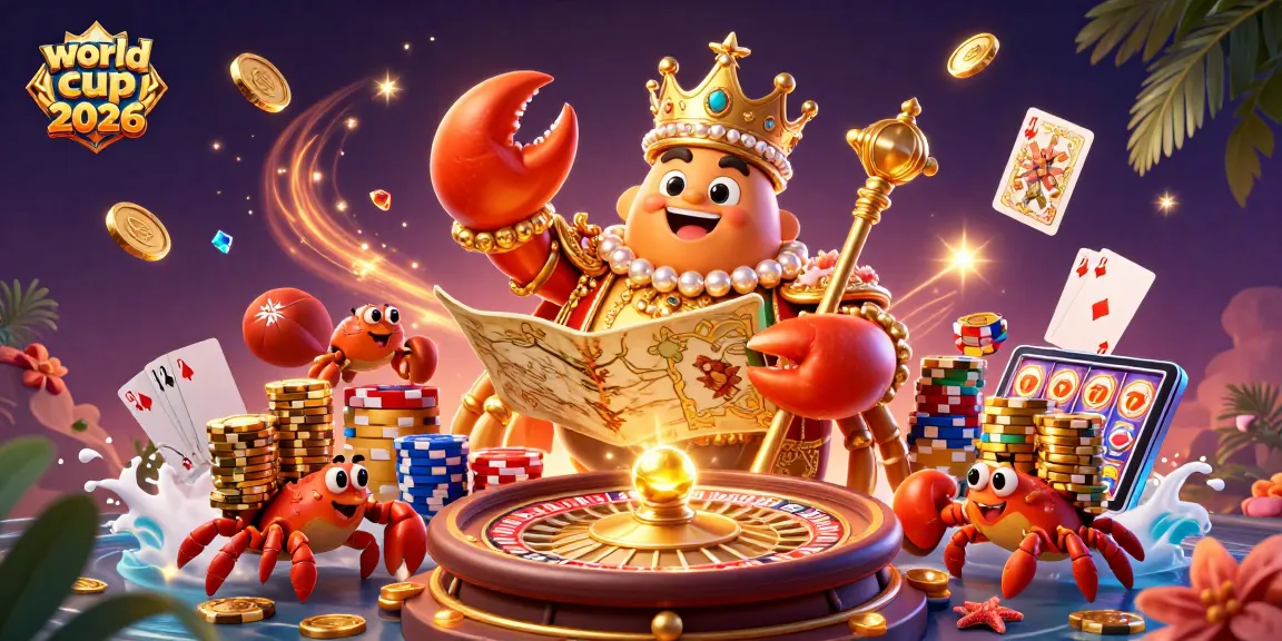 Experience the excitement of world cup 2026 with a dynamic 3D cartoon casino illustration featuring a golden crab emperor.