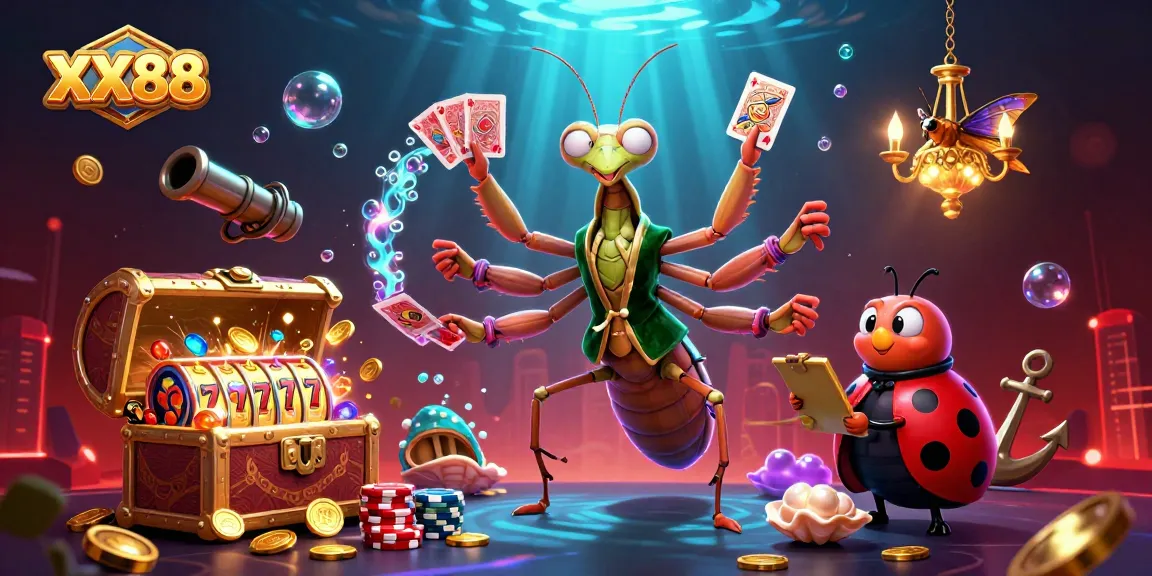 Experience thrilling gameplay with the XX88 casino scene featuring a majestic mantis and a friendly ladybug.
