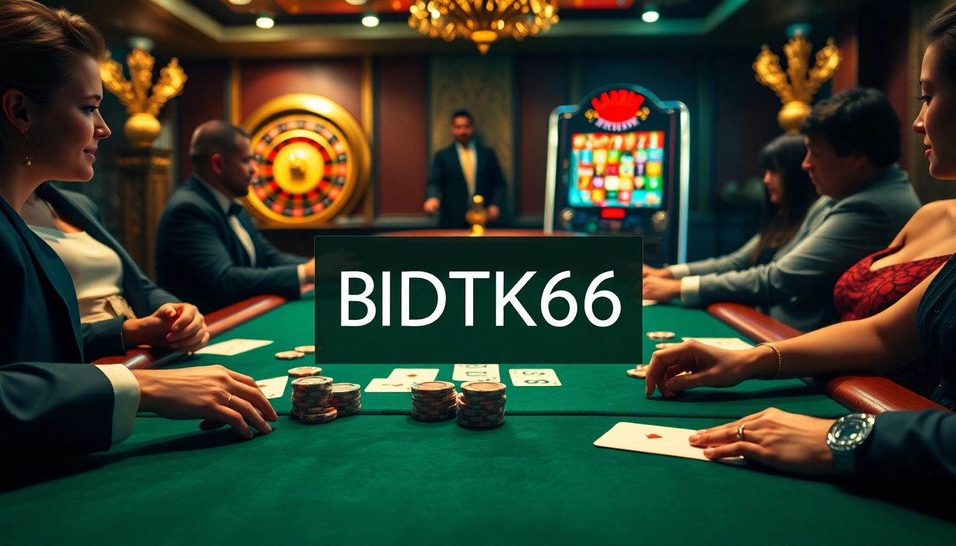Gamblers at a luxurious poker table with chips and cards, showcasing BDTK66 excitement.