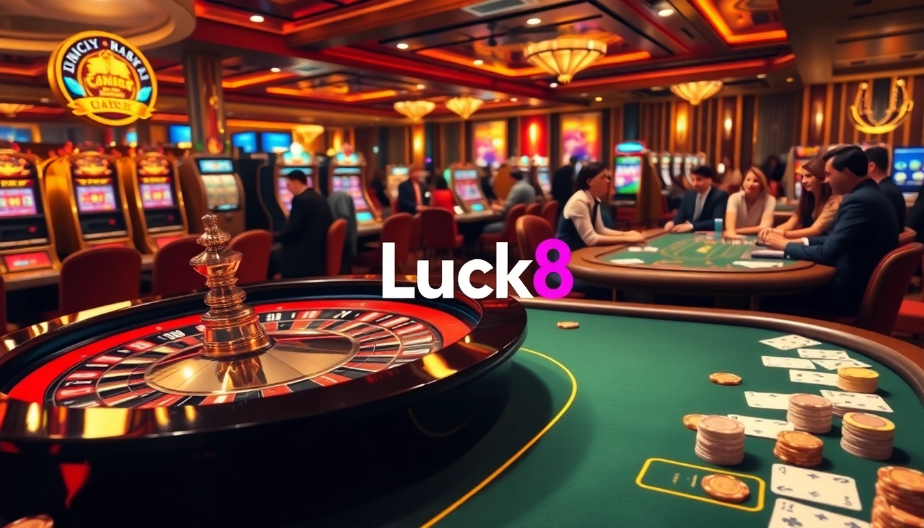 Players enjoying a thrilling moment at Luck8's stylish casino featuring roulette and poker tables.