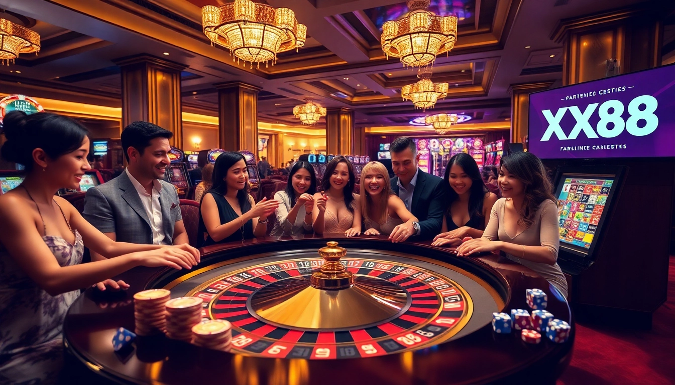 Players enjoy a thrilling game at an elegant casino table, showcasing XX88 branding.