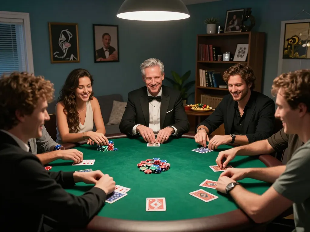 C168 poker players engaged in a lively home game, chips and cards visible from the warm-lit table atmosphere.