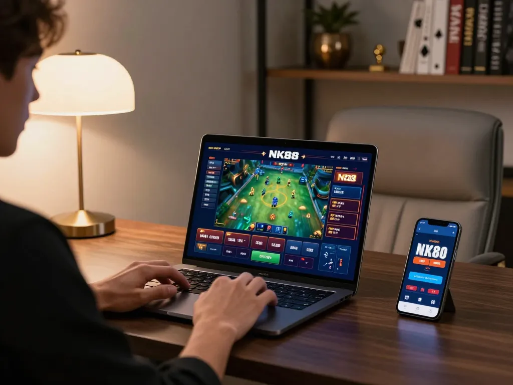 Navigating the engaging NK88 online gaming interface on a laptop in a stylish home setup, showcasing strategic gameplay.