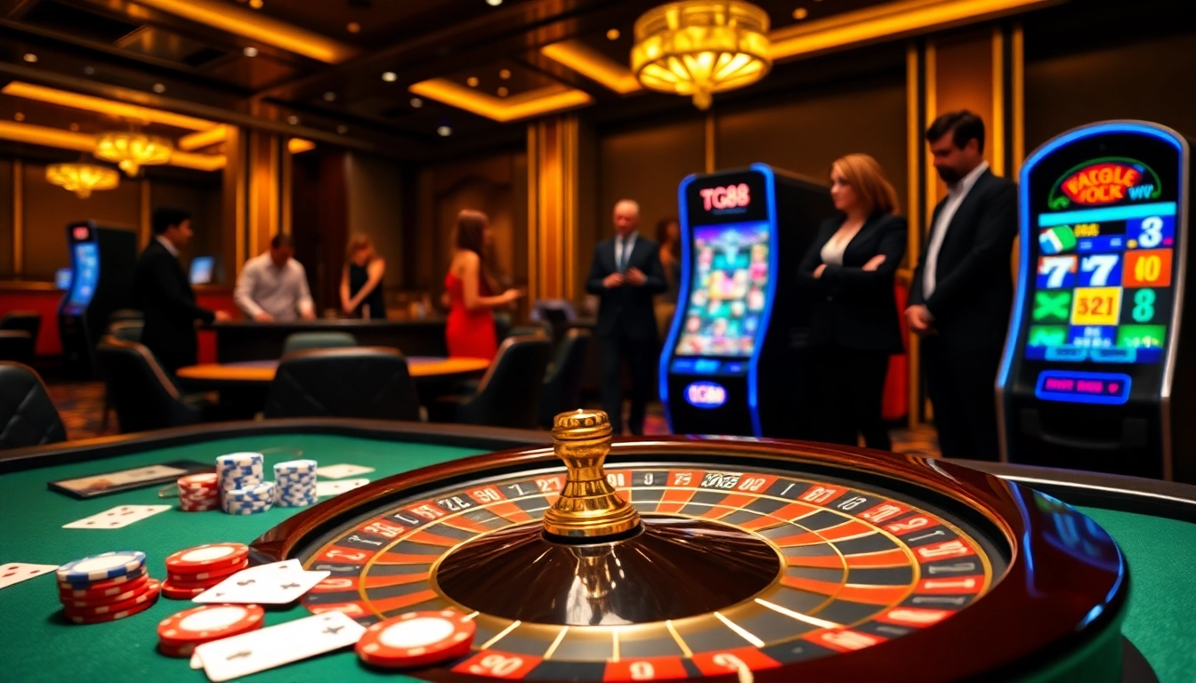 Experience the thrilling action of TG88 with a vibrant casino scene featuring roulette and poker chips.