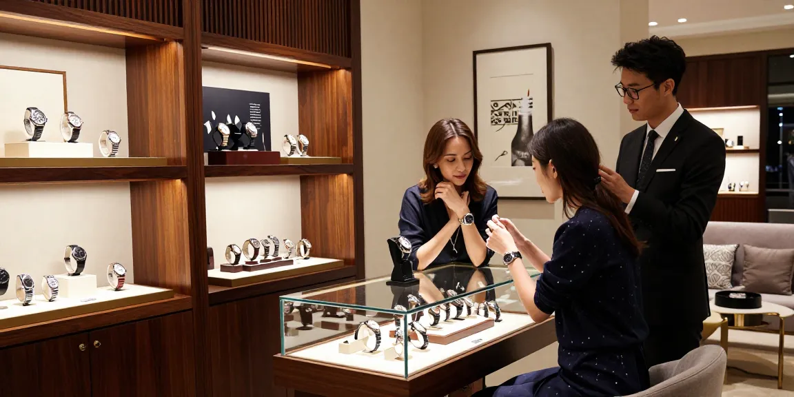 Elegant shopping for replica watches in a luxurious boutique showcasing super clone timepieces.