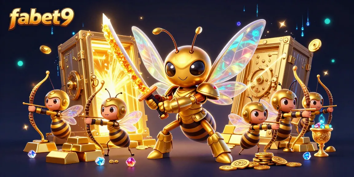 Experience epic gaming with fabet9's vibrant 3D illustration showcasing a golden hornet samurai amidst dazzling treasure.