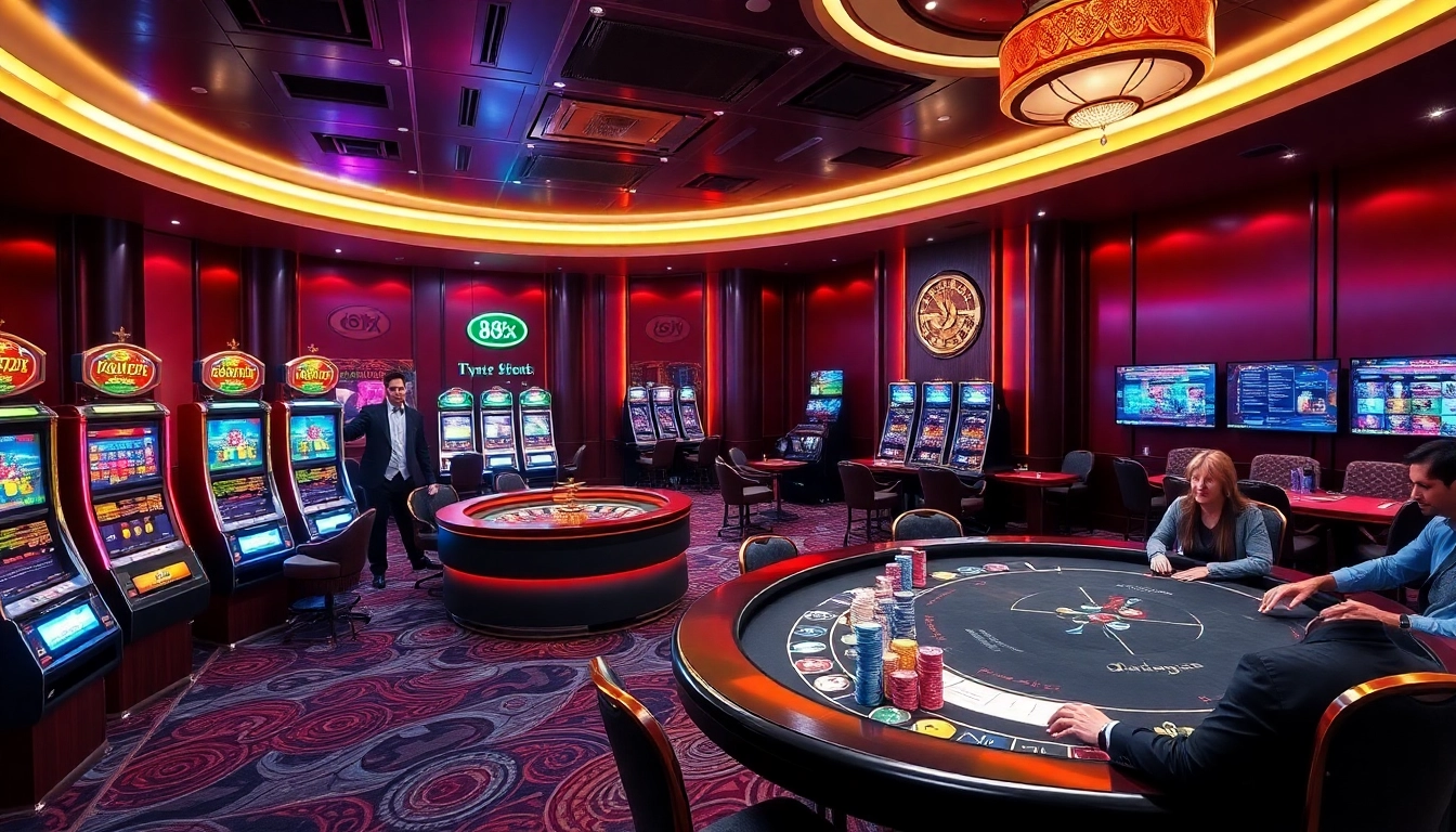 Enjoying a vibrant gaming experience at 88xx casino, featuring poker tables and slot machines.
