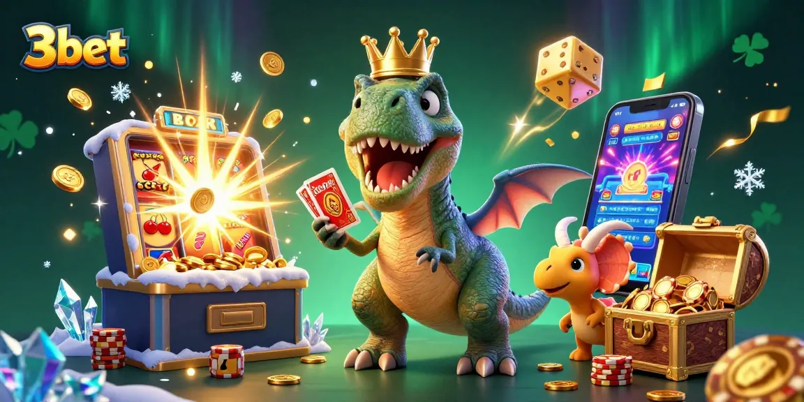 3bet T-Rex struggling to shuffle cards as a pterodactyl assists and a triceratops stacks chips.