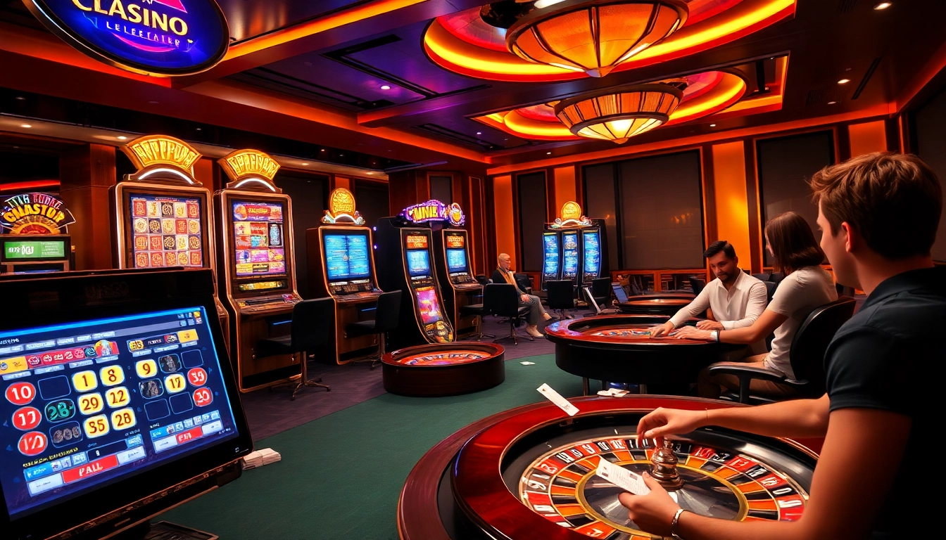 Players enjoying a thrilling session at UU88's online casino, featuring slot machines and roulette wheels.