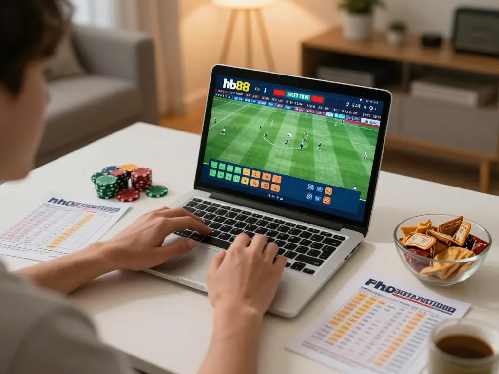 Betting excitement with hb88 on a laptop during a live sports event at home.