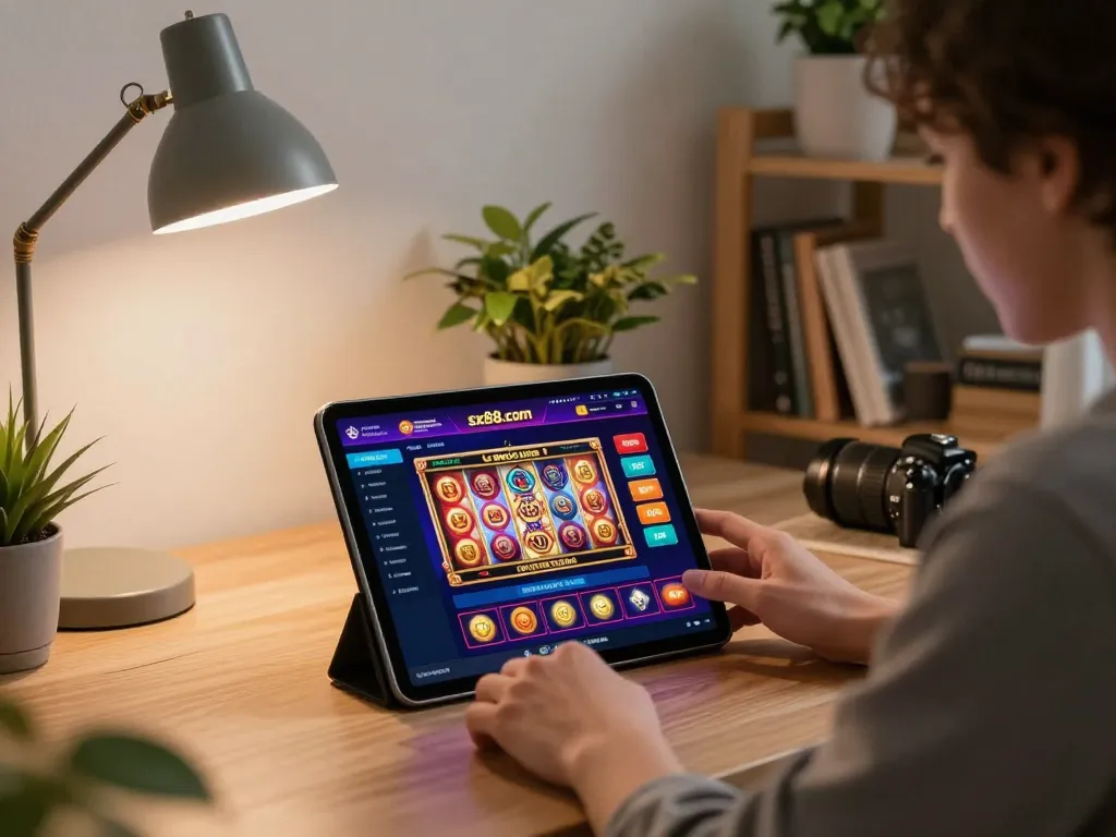 Engaging with the sx88.com casino app on a tablet in a cozy home office setting.