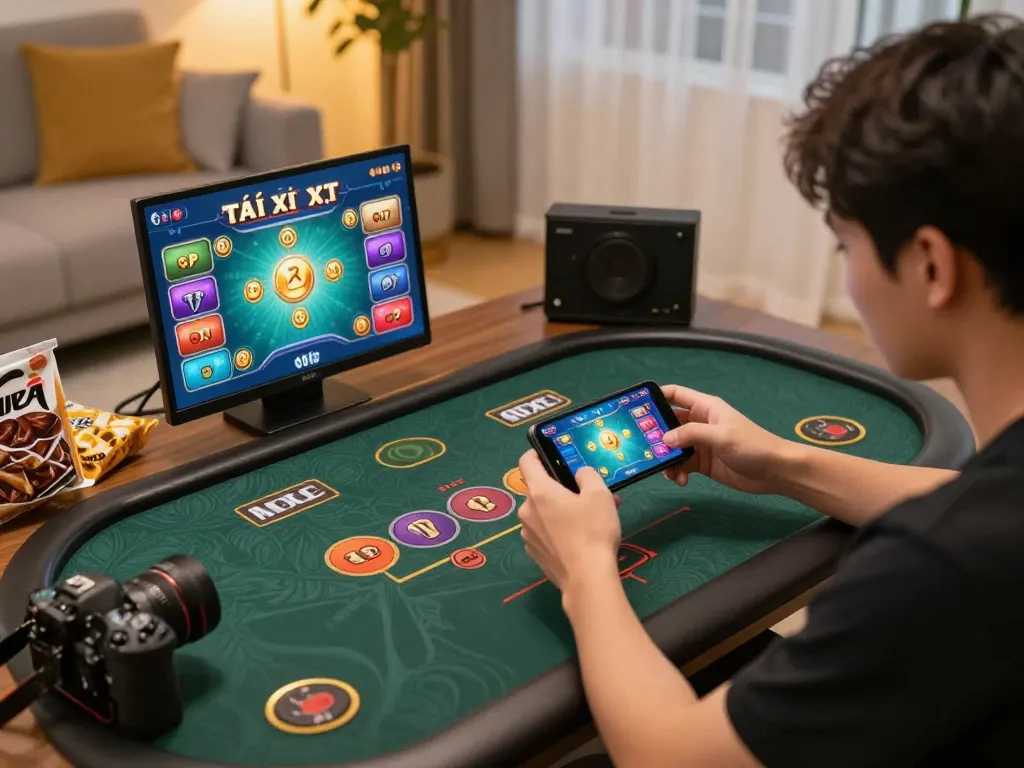 Tài xỉu online uy tín gameplay in a cozy home setting with smartphone and betting options displayed