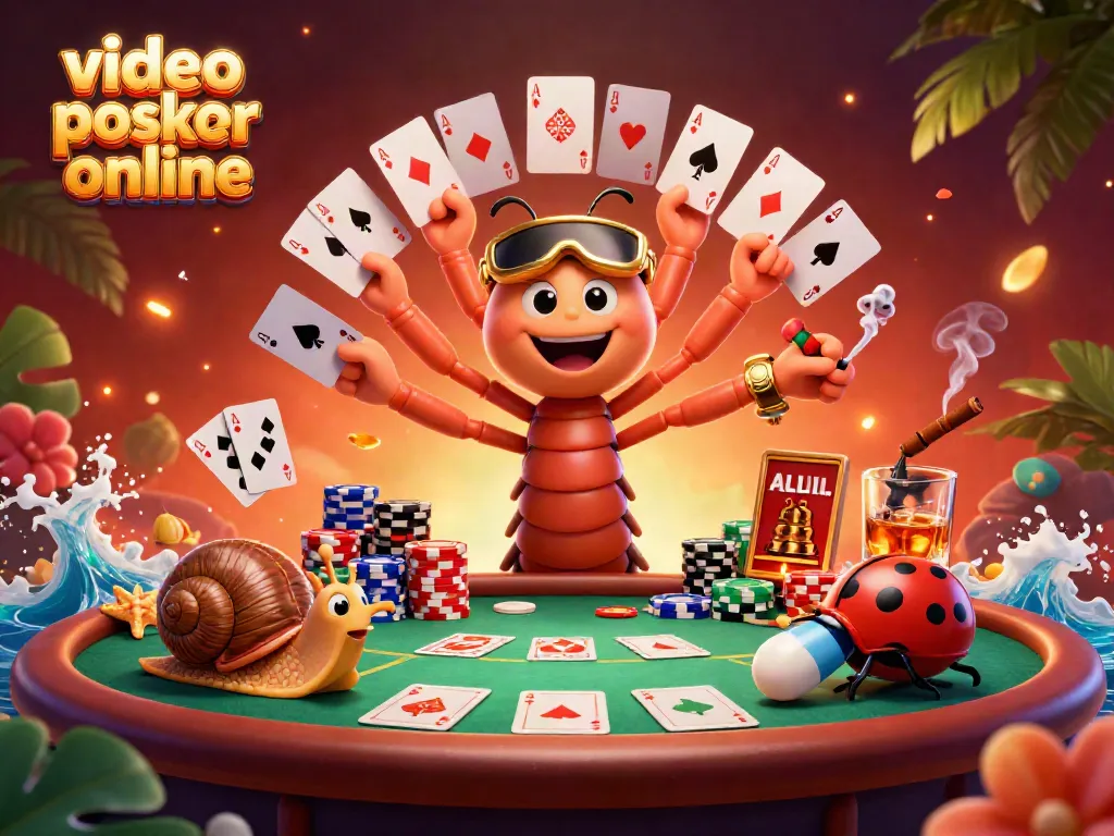 Engage with video poker online through a vibrant casino scene featuring a unique cartoon dealer and exciting game elements.