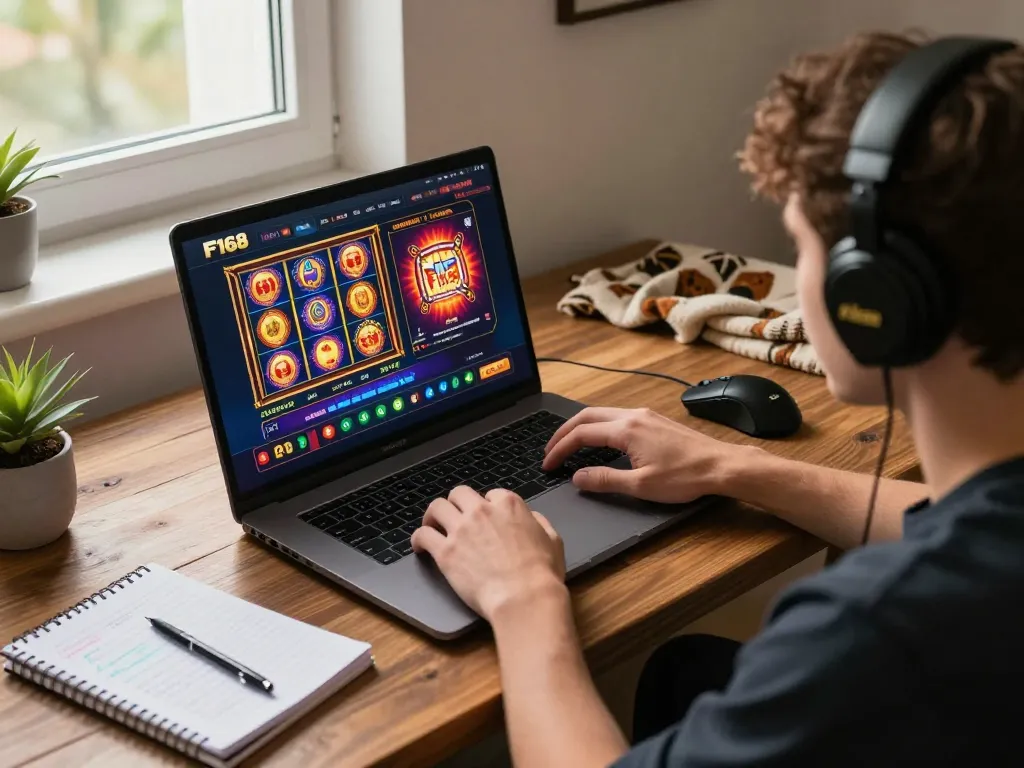 Player enjoying a dynamic session at F168 online casino, showcasing lively gameplay and cozy atmosphere.
