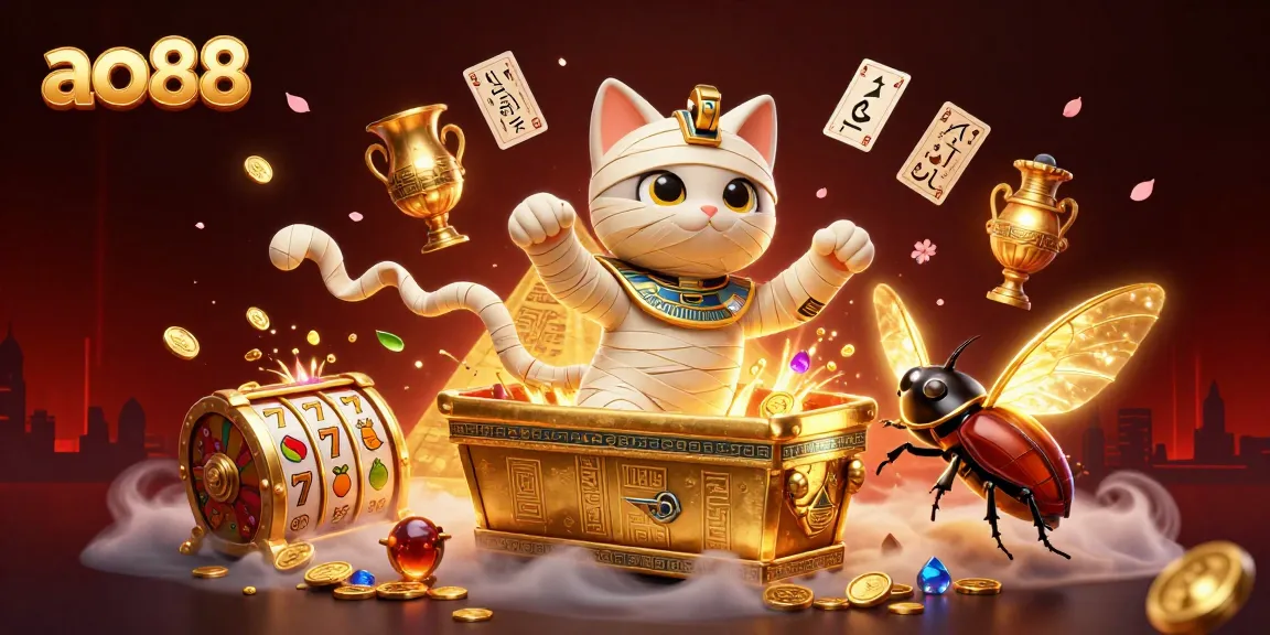 Experience exciting gaming with ao88 as a mummy cat and scarab beetle bring slot action to life!