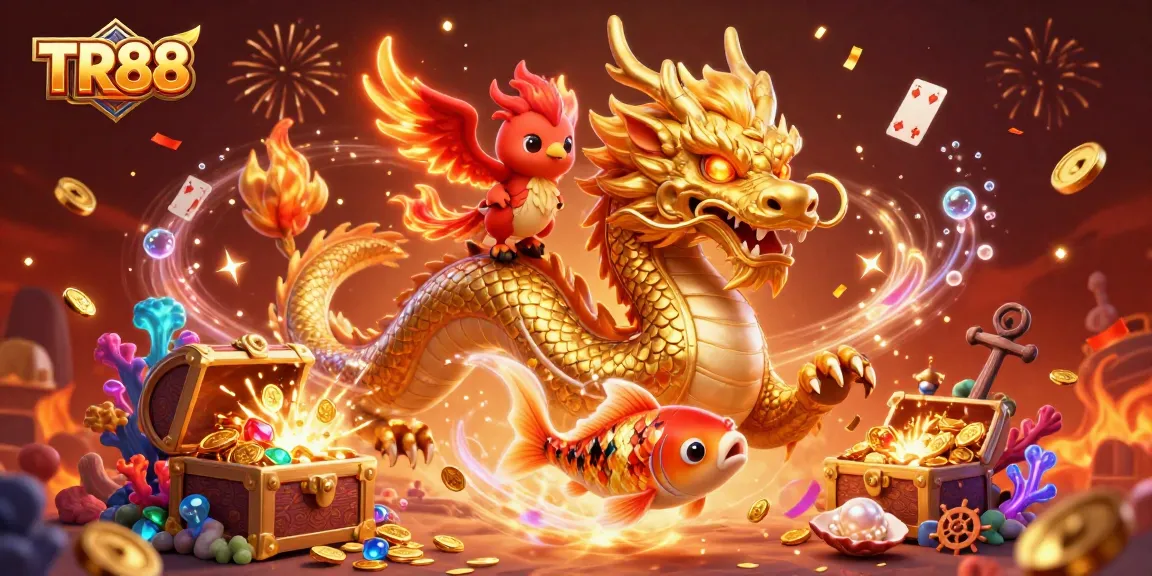 Win big with TR88 in this vibrant 3D casino scene with dragons and gold coins.
