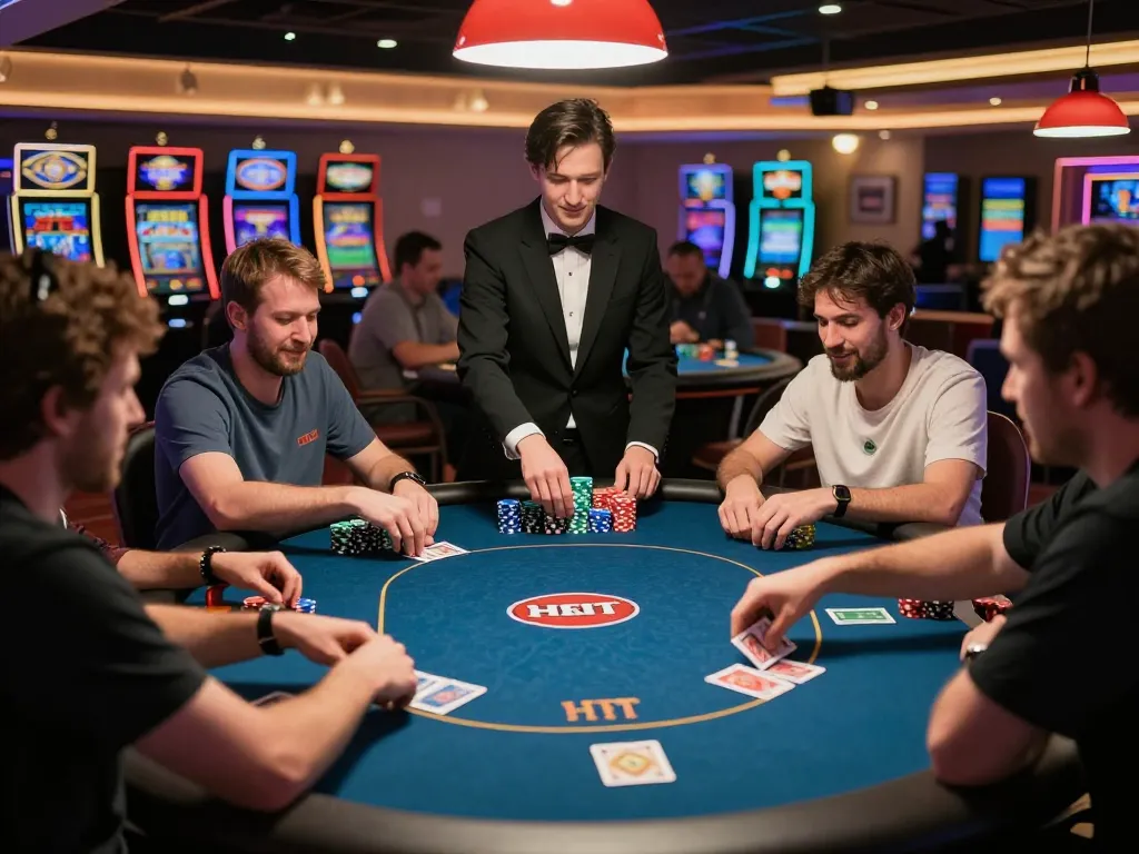 Players enjoying a high-stakes poker game at HIT CLUB, with chips and cards highlighting a thrilling atmosphere
