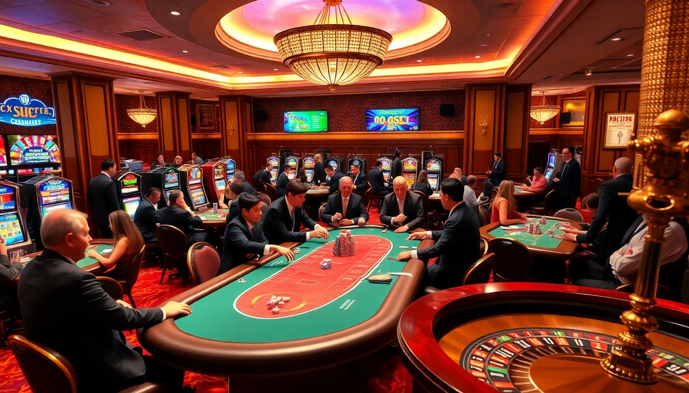 88clb players strategically engage at a vibrant poker table in a luxury casino.
