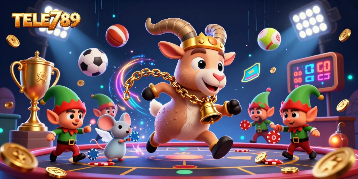 Join the festive action at TELE789 casino with Krampus, angel mouse, and elf gremlins in a vibrant scene.