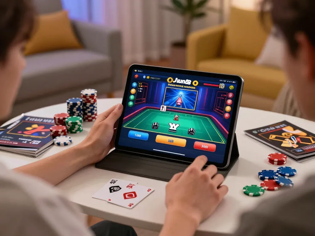 Engaging with the trang chủ jun88 casino app on a tablet in a cozy home gaming setup.