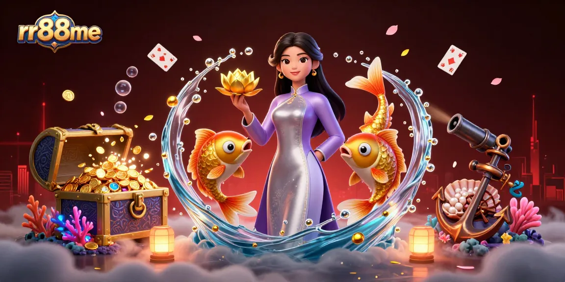 Bet on excitement with rr88me, featuring a vibrant Asian woman in traditional attire with koi fish and casino elements.