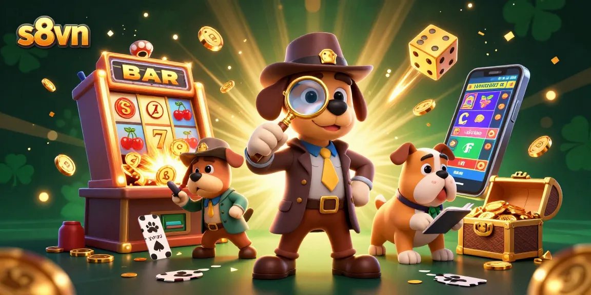 S8vn features a detective dog examining a gold poker chip amid casino chaos.
