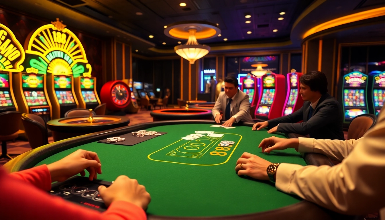 Experience the thrill of gambling at IQ88 with vibrant casino games and excited players.