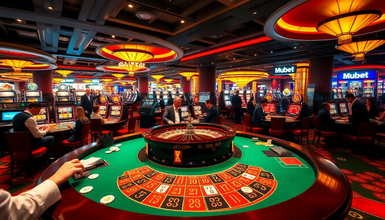 Experience the thrill of Mubet at a luxurious casino, featuring vibrant roulette tables and poker games.