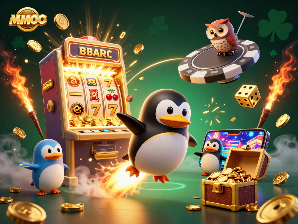 Experience thrilling games at MMOO with a golden penguin and vibrant casino elements.
