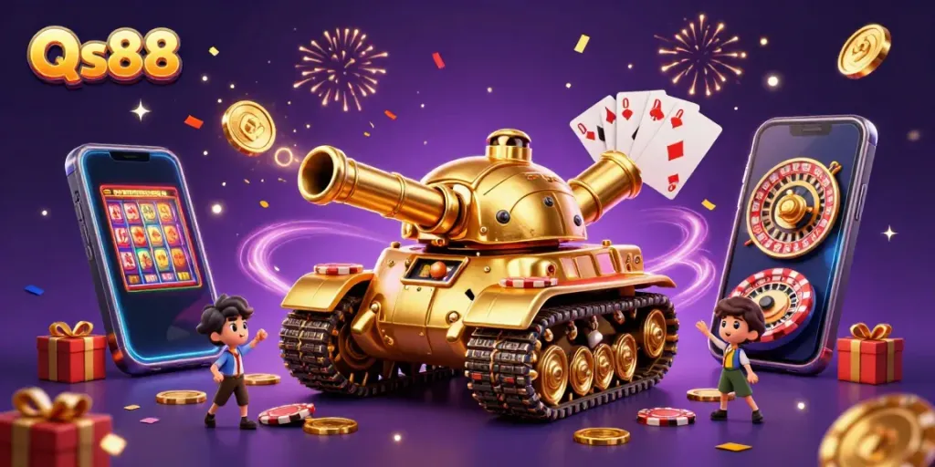 Experience the thrill of Qs88 with a dynamic scene of a golden beetle tank revealing a miniature casino.