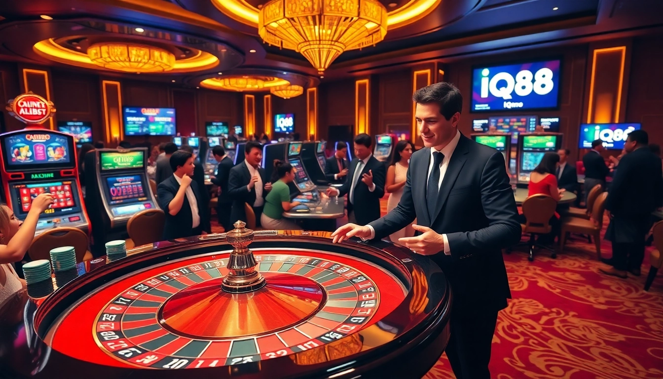 Experience the thrill of gambling at IQ88 with players engaging at vibrant casino tables and colorful chips.