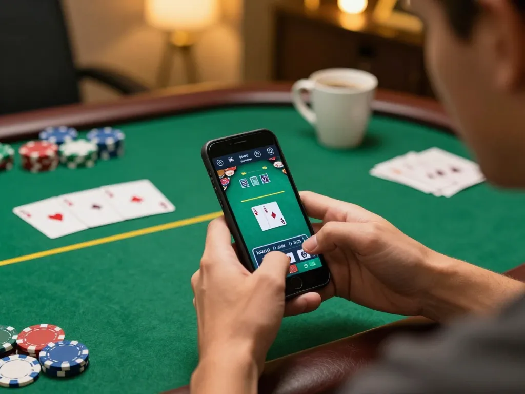 Struggling to login? Player engaged in mobile poker game, smartphone displaying interface, warm home setting.