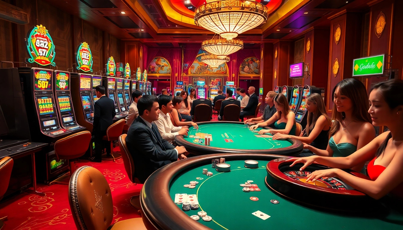 Players enjoying exciting games at Good88 casino, showcasing vibrant slot machines and an elegant poker table.
