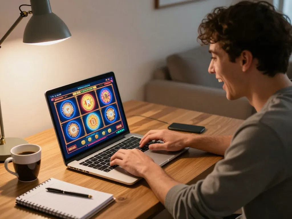 Winning spins on 98win slot games during a cozy home gaming session with laptop.