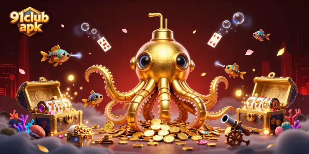 Engage with exciting games using 91club apk in this vibrant underwater casino scene.