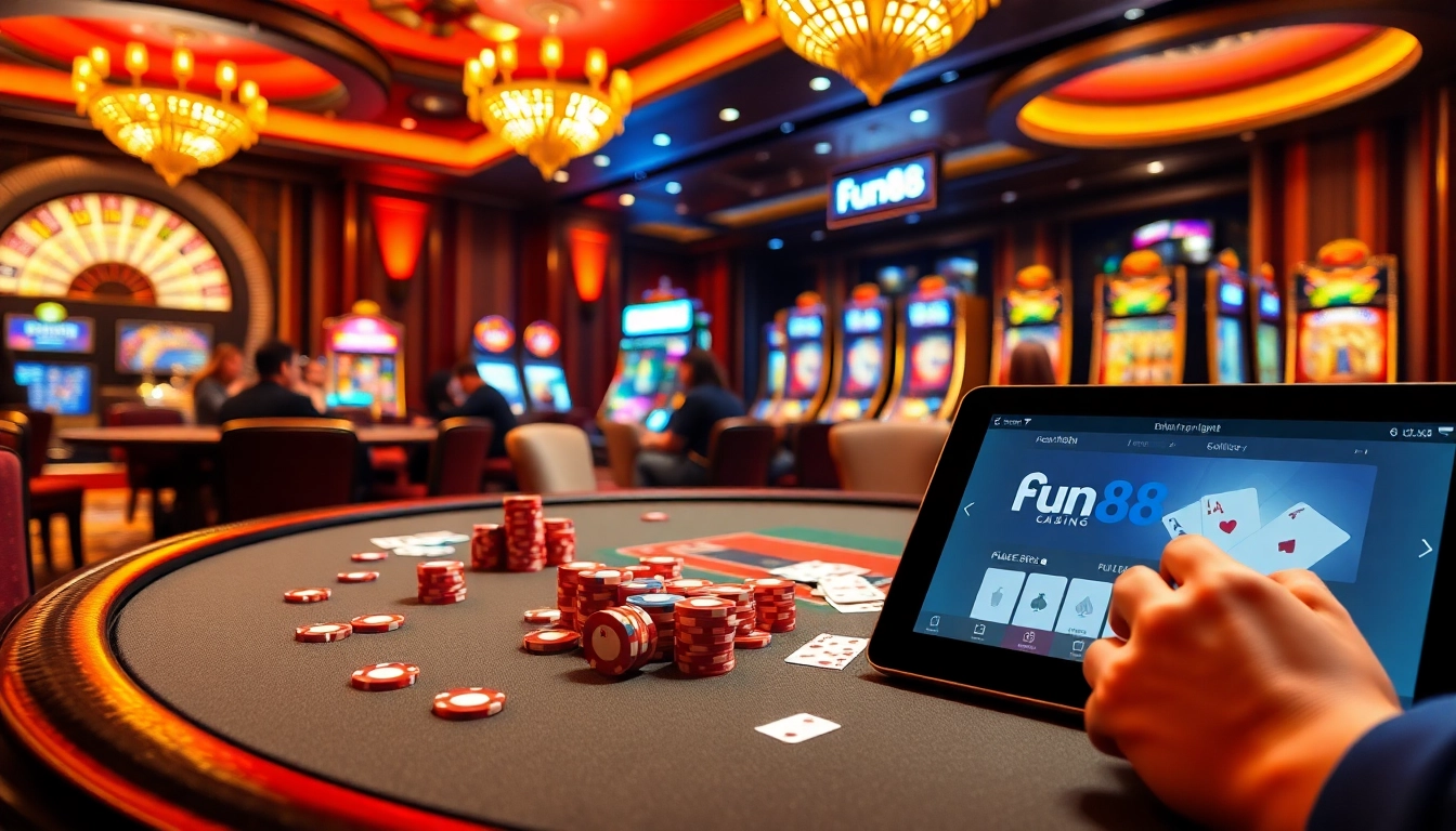 Players enjoying a thrilling game at a fun88 poker table in an opulent casino setting.