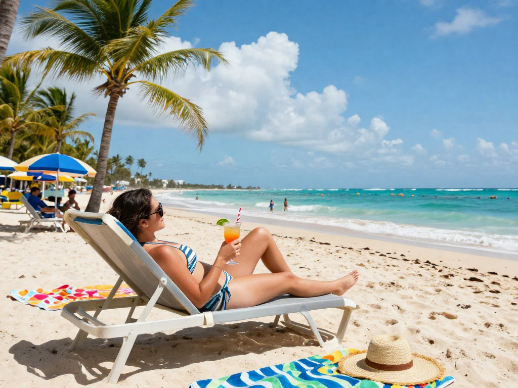 Relaxing scene showcasing BIKINISLOT lifestyle with sunbather enjoying a tropical beach