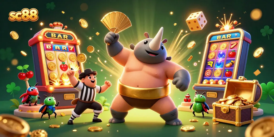 sc88 casino adventure with a powerful beetle champion celebrating jackpot wins, vibrant action scene