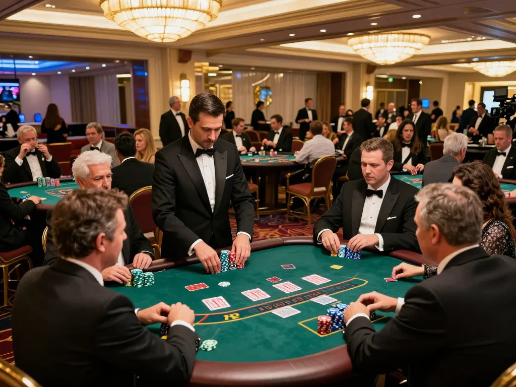 Players enjoying blackjack at a vibrant casino floor showcasing five88so gaming excitement and strategic action.