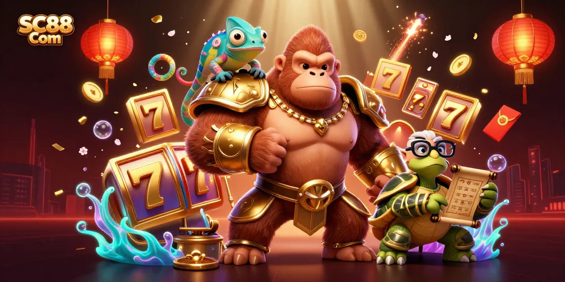 Play thrilling games at SC88 Com with a vibrant illustration of a powerful gorilla king and dynamic casino elements.