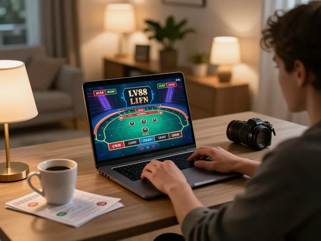 Player engaged with LV88 online gaming interface, capturing strategic gameplay in comfortable home setting.