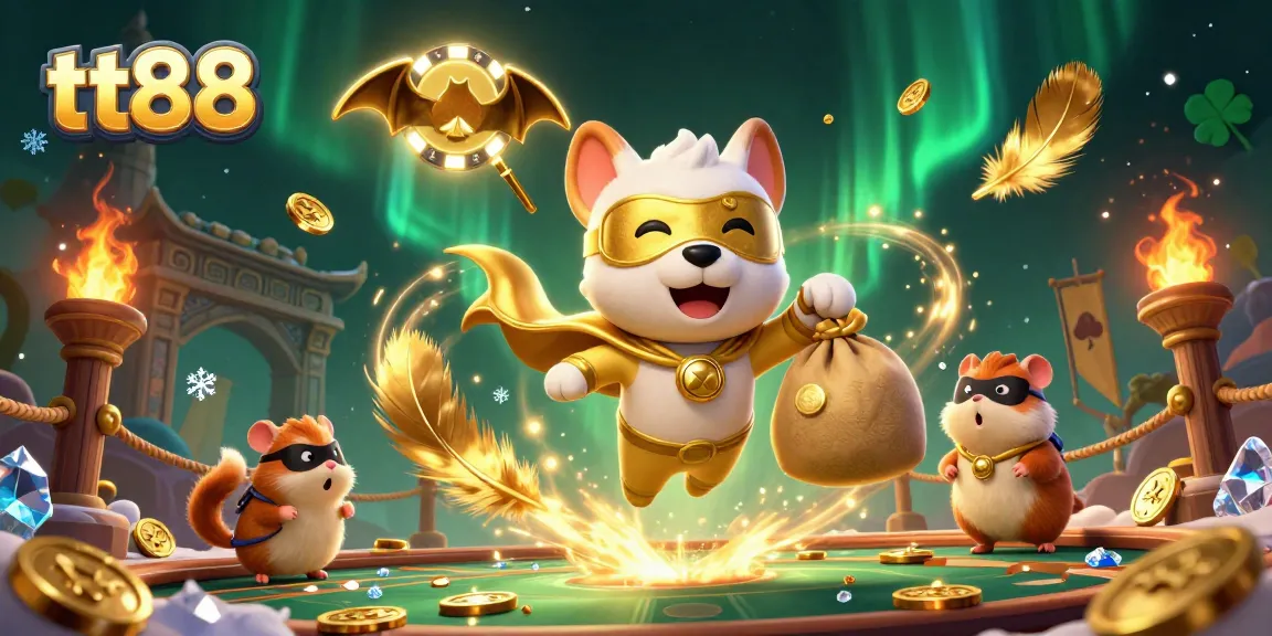 Engage in thrilling wins at tt88 with a superhero dog and hamster in a vibrant casino world.
