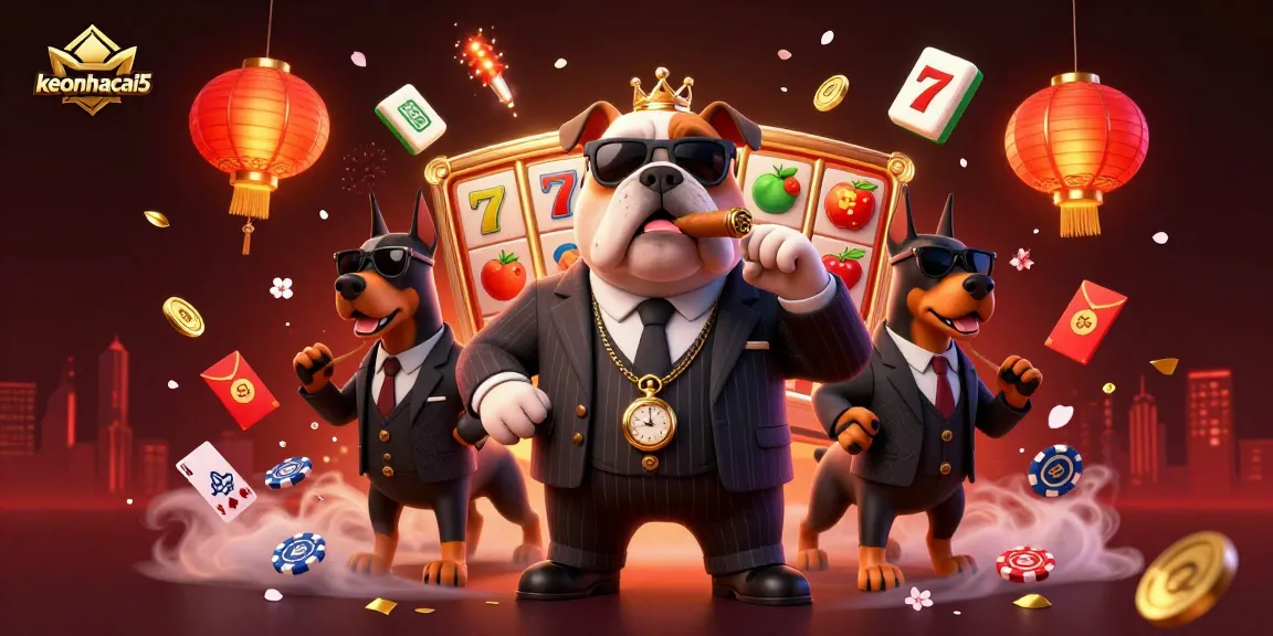 Engage with keonhacai5's vibrant 3D casino scene featuring a mafia bulldog and Doberman bodyguards amidst gaming elements.