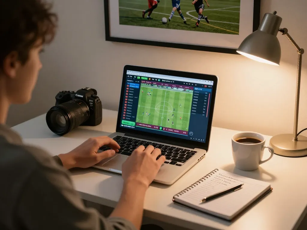 Engaging sports betting at home by 90phut on laptop, showcasing live odds with notes, inviting atmosphere.