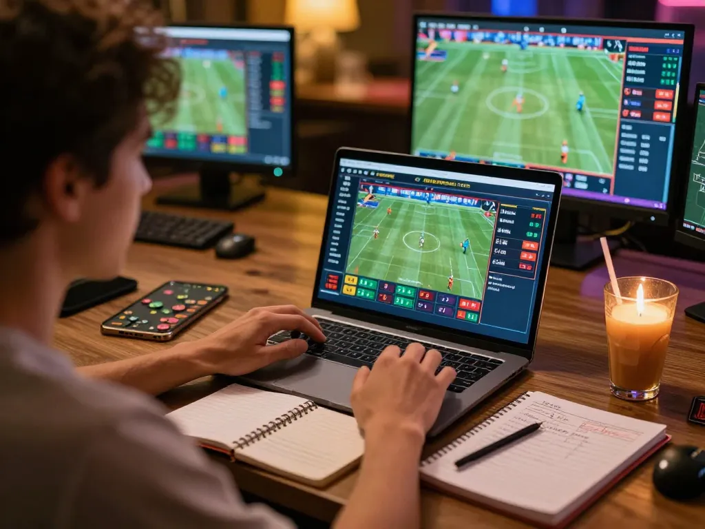 Person placing bets on vsbet using laptop, showcasing dynamic sports betting environment.