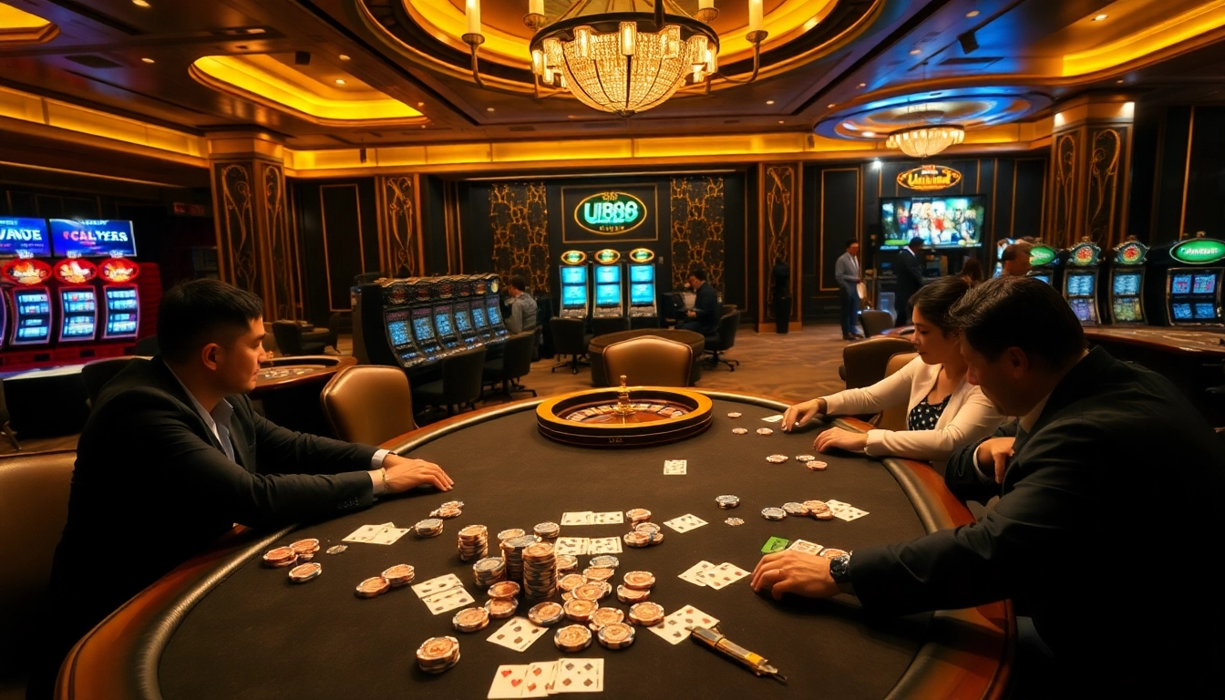 Players enjoying an intense poker game at UU88's luxurious casino table.