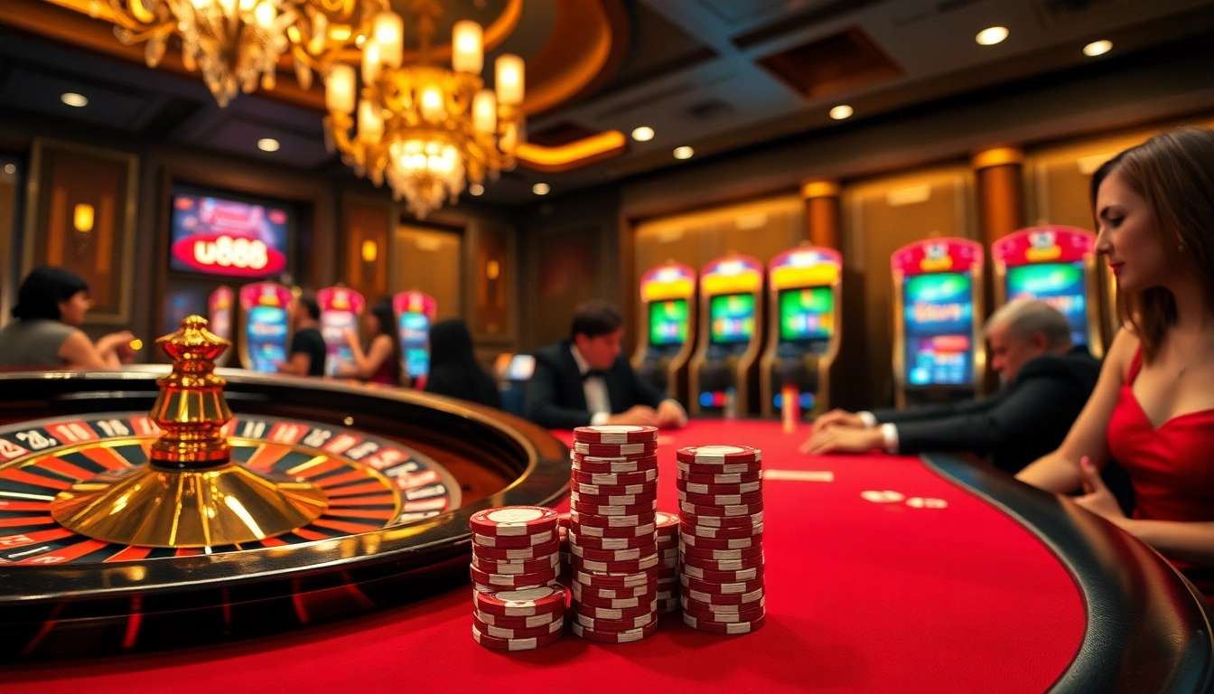 Engaged players around a luxurious poker table with u888 chips in an upscale casino setting.