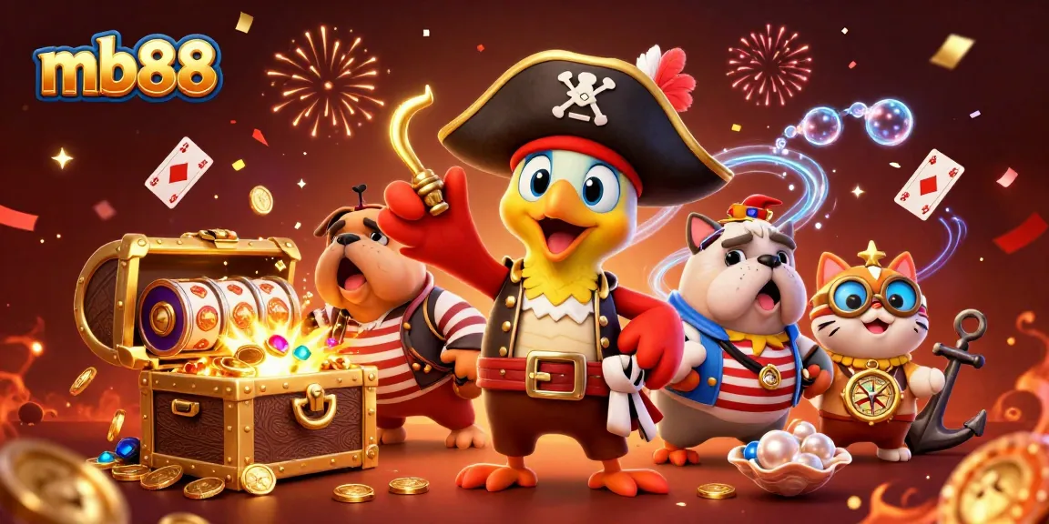 Engage in thrilling gaming at mb88 with a pirate-themed casino adventure featuring colorful characters and game elements.