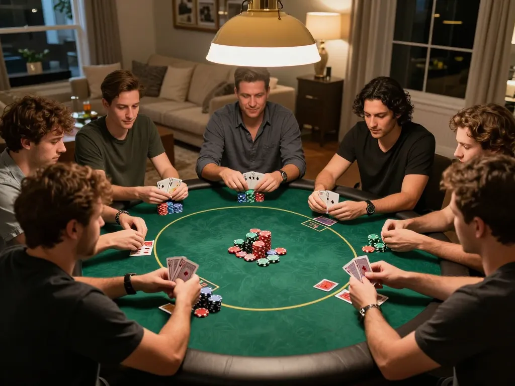 Onbet players strategizing during a home poker night with friends and snacks.