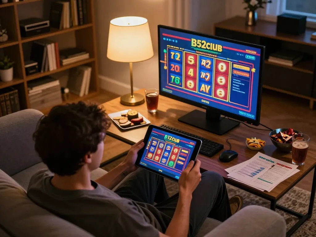Engaging player enjoying slot games on B52club platform from home, showcasing a relaxed atmosphere